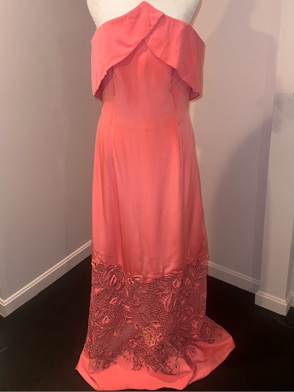 Vintage Italian Strapless Coral Evening Gown with Beaded Lace Hem